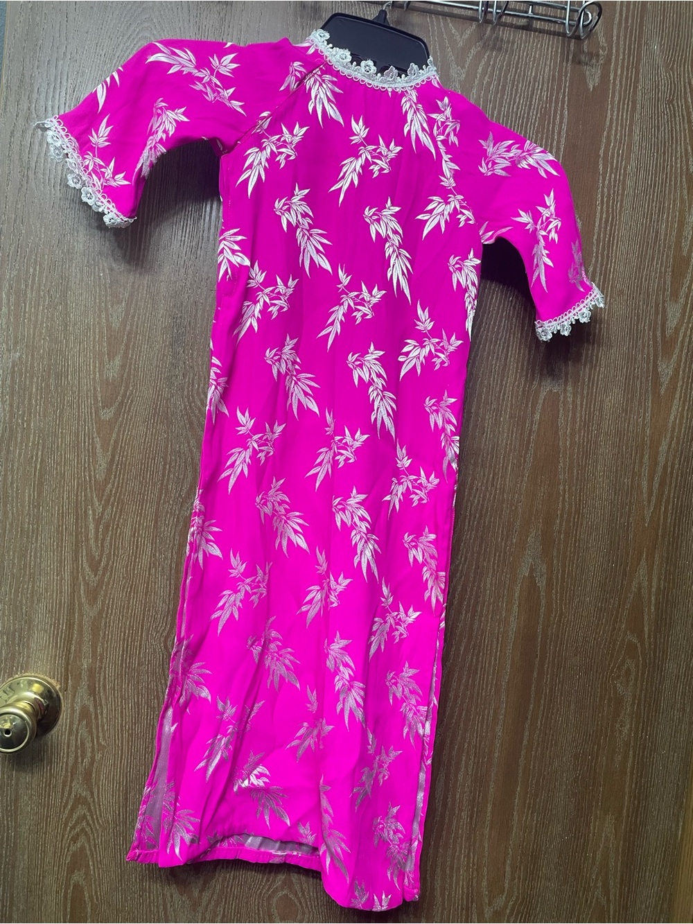 Bright Pink Floral Kids Pajama Dress with Lace Trim